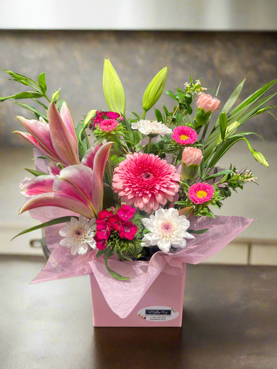 Flower Arrangement in posies box (with Lilies)